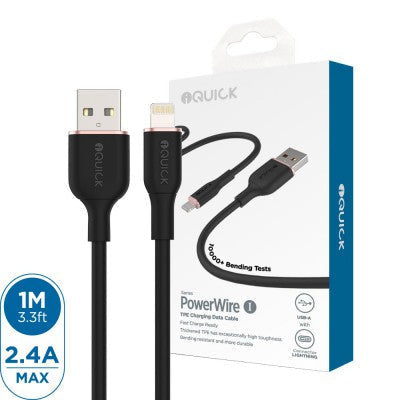 iQuick PowerWire 1 Series TPE Charging Date Cable USB to iP 1m - Black