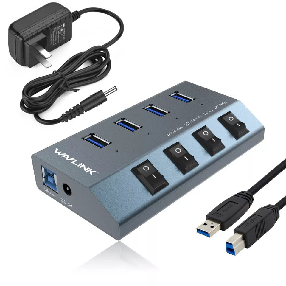 Wavlink Aluminum USB 3.0 Hub 4-Port w/Individual Switches 5V/4A Power Adapter