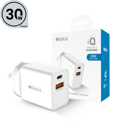 iQuick 30W Gan ii PD3.0+QC3.0 Dual Ports Charging Adapter White